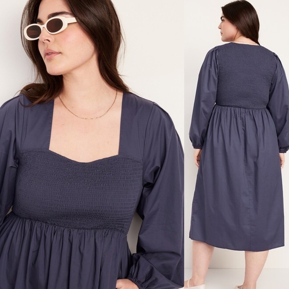 Old Navy Blue Smocked Maxi Dress Womens Sz XL Cotton Form 2024 Pockets‎ Long NEW - Picture 2 of 16